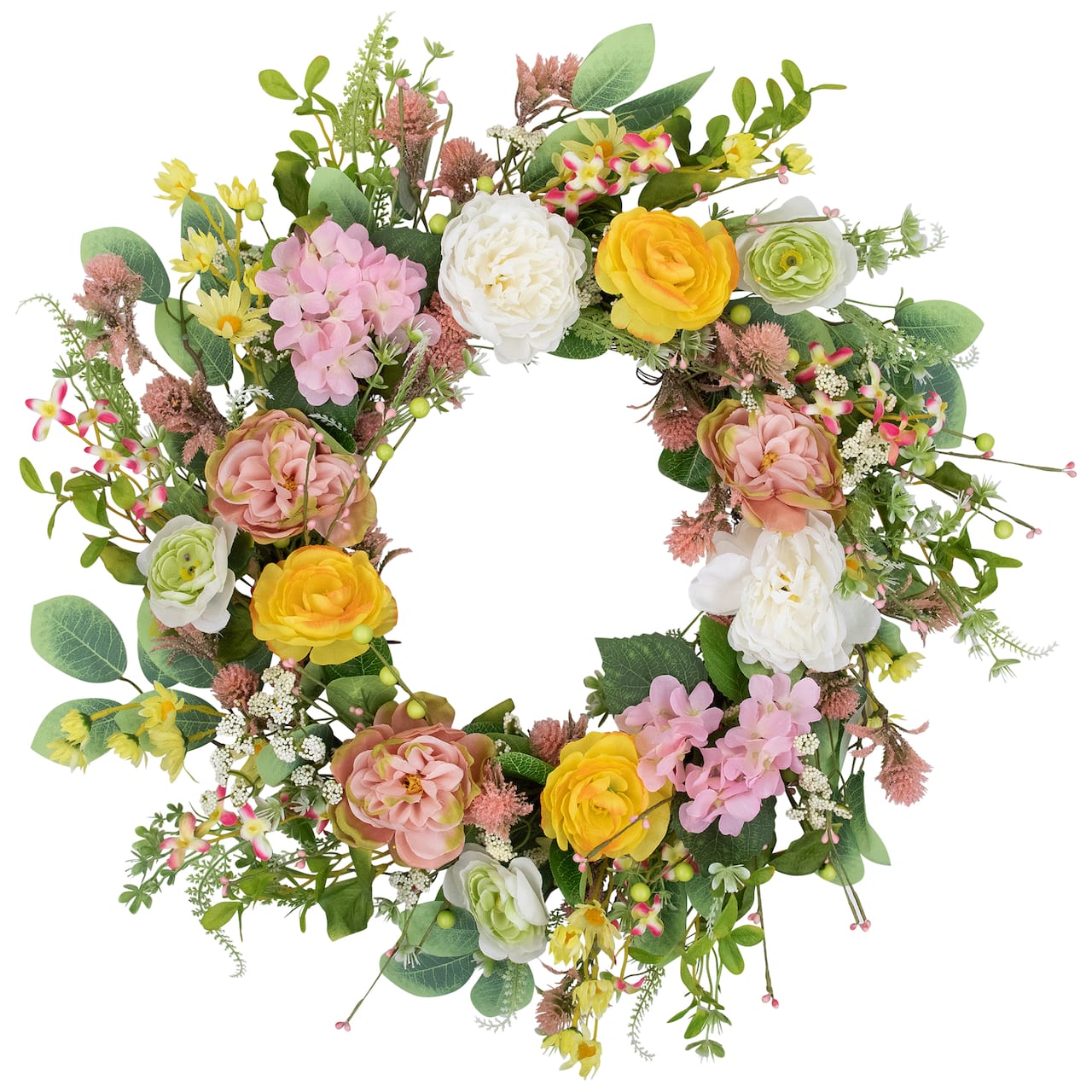 26" Pink & Yellow Rose & Hydrangea Floral Spring Wreath